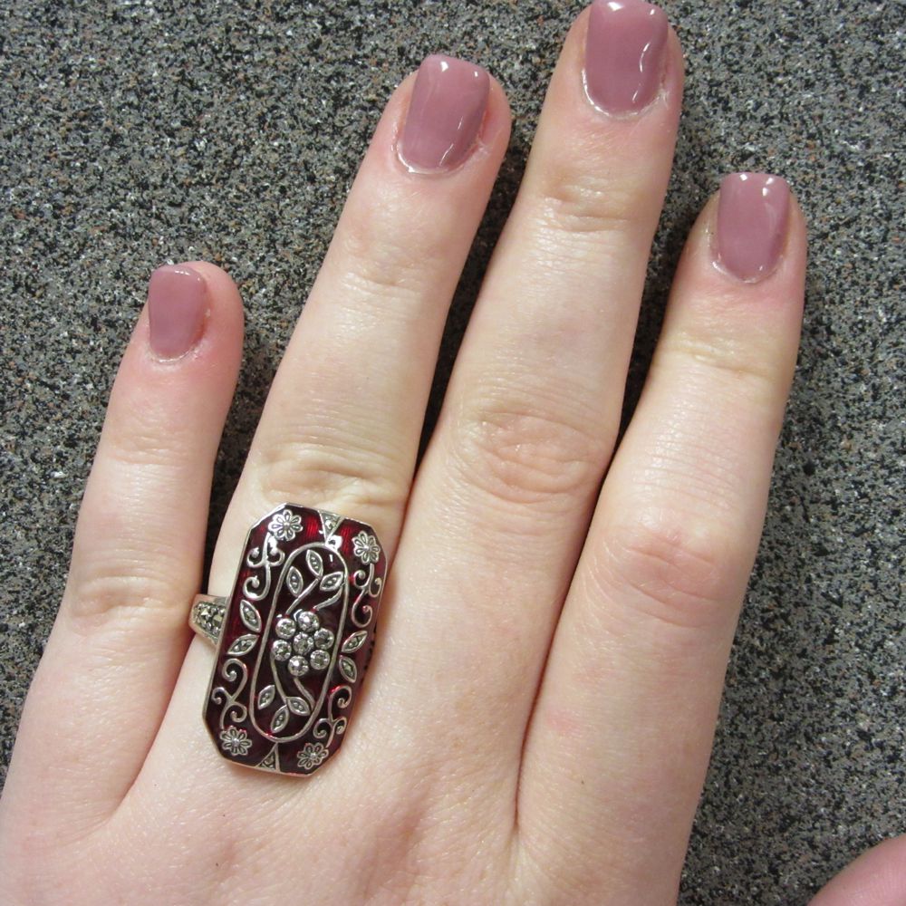 Long Rectangle Red Enamel Marcasite 'Art Deco' Ring